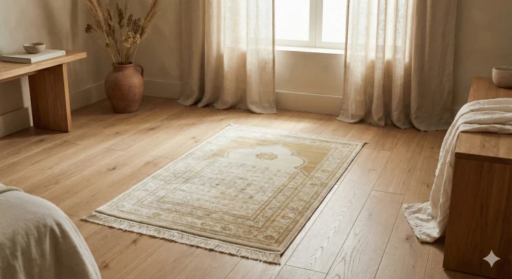 Un élégant tapis de prière islamique aux motifs discrets et aux tons beige et crème, étendu sur un parquet en bois clair. La scène se déroule dans une pièce minimaliste baignée d'une lumière naturelle douce, évoquant une atmosphère de paix, de sérénité et de recueillement.