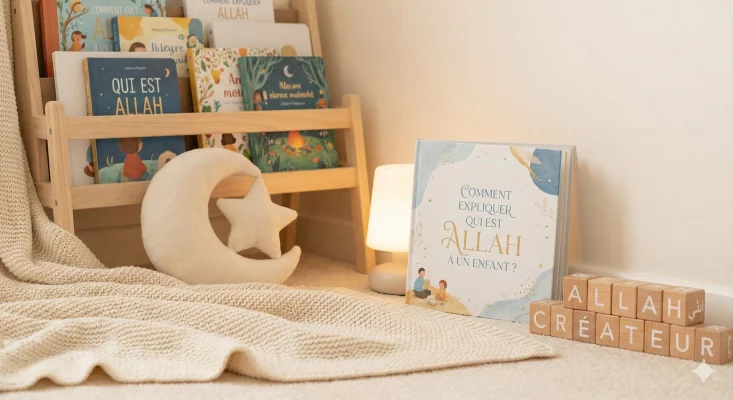 Un coin lecture chaleureux et apaisant pour enfants, comprenant une bibliothèque en bois, une peluche en forme de croissant de lune et d'étoile, et des cubes en bois épelant "Allah Créateur". Au premier plan, un livre intitulé "Comment expliquer qui est Allah à un enfant ?" est mis en avant sous une lumière douce.