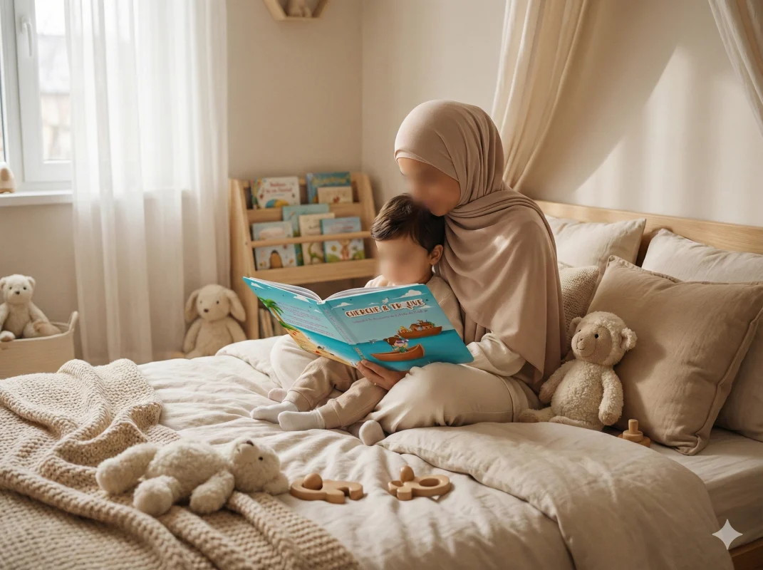 Maman musulmane lisant un livre d'éveil religieux à son enfant à la maison