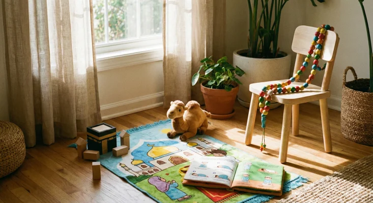 Coin prière enfant chaleureux avec tapis, tasbih et livre pour apprendre la prière de façon ludique