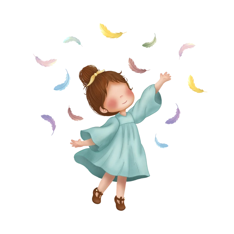 dessin de Sakînah en robe avec des plumes de toutes les couleurs autour d'elle